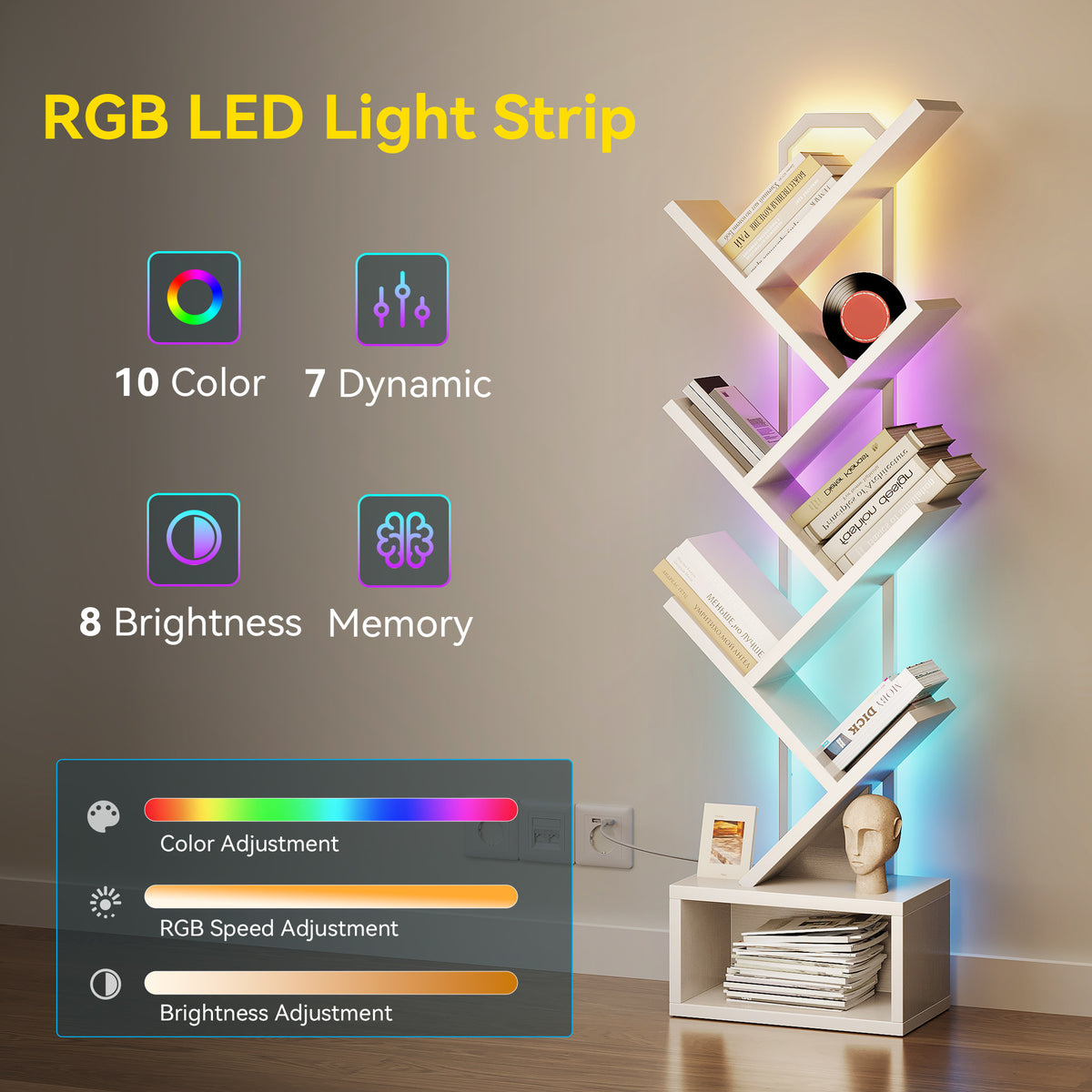 Casacomoda 6 Tier Tree Bookshelf, Bookcase with LED Lights, Display Floor Standing Storage Shelf, Book Organizer Shelves for Home Office, Living Room, White