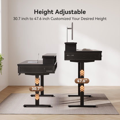Casacomoda 47.2" Electric Standing Desk with 2 Wooden Drawers & Keyboard Tray, Height Adjustable Sit Stand Desk with Power Outlets & LED Light for Home Office, Black