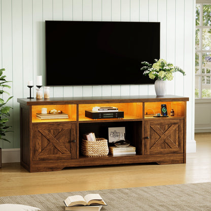 Farmhouse LED TV Stand for 65 Inch TV, Entertainment Center with Power Outlet, Media Console with Storage Cabinets and Shelves, Pure Walnut