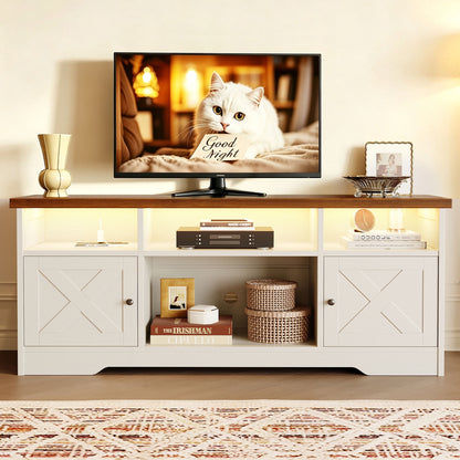 Farmhouse LED TV Stand for 65 Inch TV, Entertainment Center with Power Outlet, Media Console with Storage Cabinets and Shelves, Walnut & White
