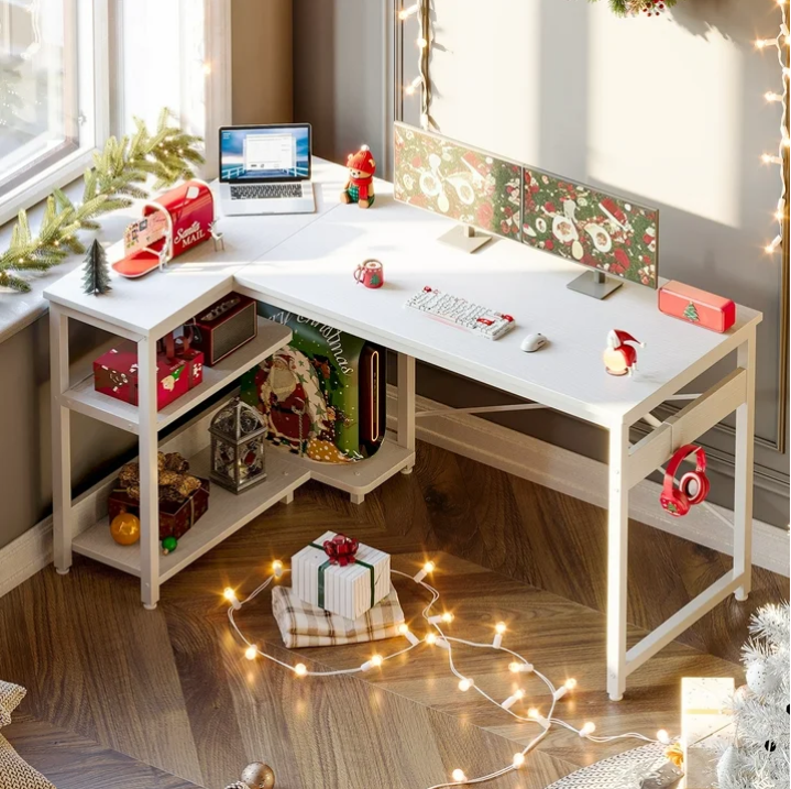Casacomoda L Shaped Computer Desk with Power Outlet Shelves, 48 Inch Big Reversible Corner Desk for Small Space Home Office, L-Shaped Desk PC Desks, White