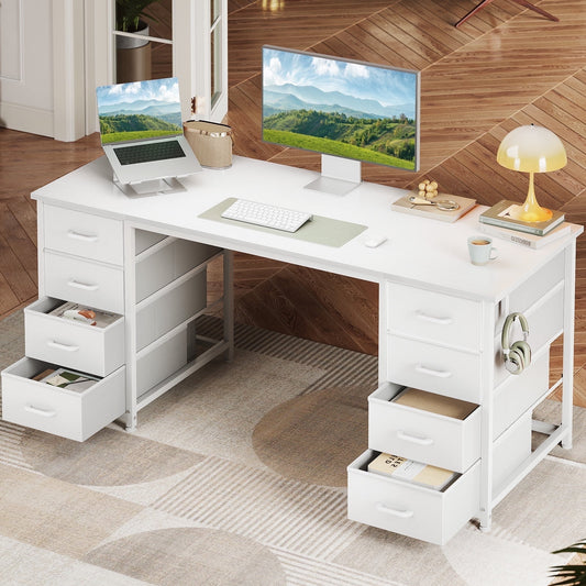 White Computer Desk with Drawers for Storage - 55 inch Home Office Desk with 8 Fabric Drawers, Writing Study Desk with Drawers on Both Sides for Bedroom
