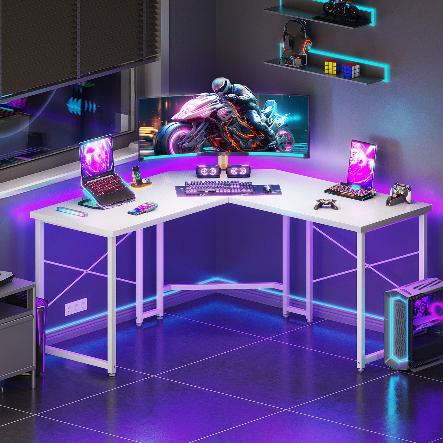 Casacomoda Computer Desk L Shaped, 51 Inch Reversible L Shaped Desk, Gaming Desk, Home Office Desk, Carbon Fiber White