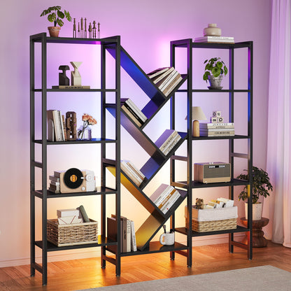 Triple 5-Tier Bookshelf with LED Lights for Living Room, 17 Open Shelves Large Bookcase with App Control RGB Light Strip, Modern Tree Design Storage Shelf with Metal Frame, Black