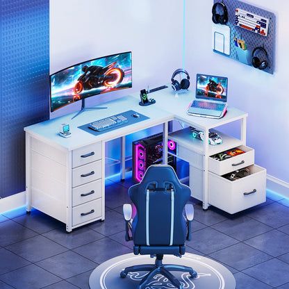 Casacomoda 55 inch Computer Desk with 5 Drawers and File Cabinet for Storage, Office Desk with Storage Shelf & Power Outlets, Home Office Desks, White