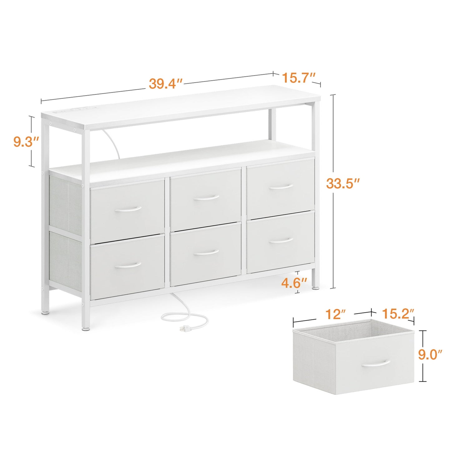Dresser with Charging Station, Dresser for Bedroom with 6 Large Fabric Drawers, Dresser TV Stand with Open Shelves for 50 Inch TV, White