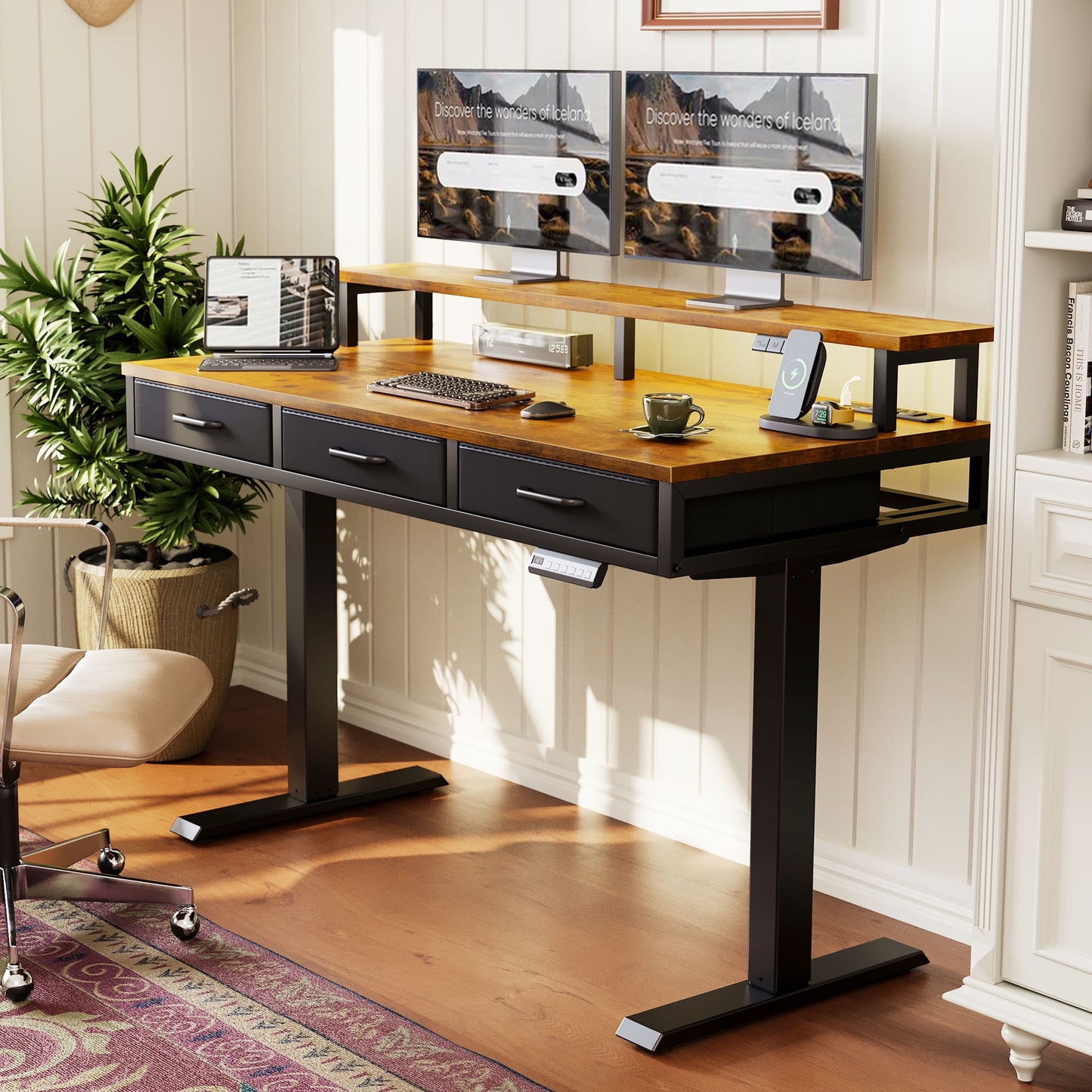 Casacomoda 55 inch Electric Standing Desk with Power Outlets and LED Lights, Adjustable Height Sit Stand Desk with Monitor Shelf & 3 Fabric Drawers for Home Office, Vintage