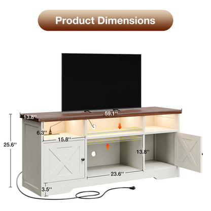 Farmhouse LED TV Stand for 65 Inch TV, Entertainment Center with Power Outlet, Media Console with Storage Cabinets and Shelves, Walnut & White