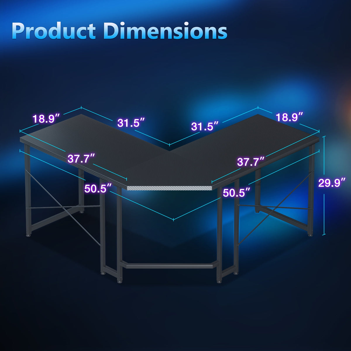 Casacomoda Computer Desk L Shaped, 51 Inch Reversible L Shaped Desk, Gaming Desk, Corner Desk, Gaming Table, Carbon Fiber Black