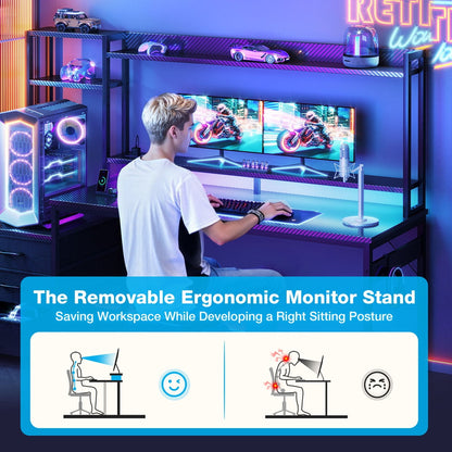 Casacomoda 63" Gaming Desk with Hutch and Drawers, RGB LED Lights, Computer Desk with Power Outlets for Home Office, Black