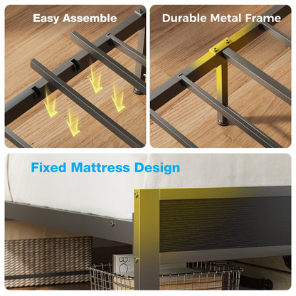 Bed Frame Twin Size with Storage Headboard, Upholstered Platform Bed with Charging Station and LED Light, Heavy Duty Frame Support, No Box Spring Needed, Noise Free, Black