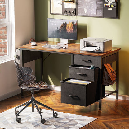 Casacomoda 40 inch Computer Desk with Fabric Drawers & File Cabinet, Home Office Desk with Cloth Storage Bag and Hook, Vanity Desk for Bedroom, Vintage and Black
