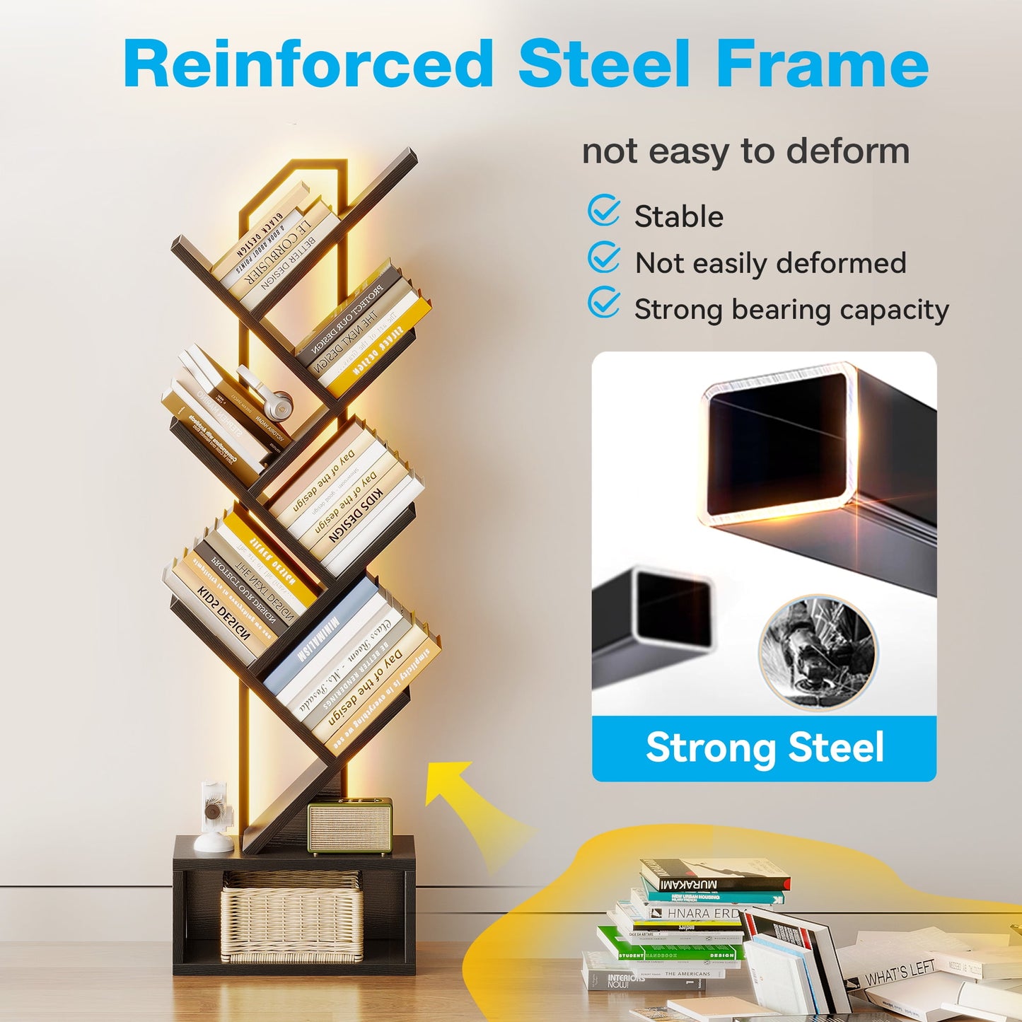 Casacomoda 6 Tier Tree Bookshelf, Bookcase with LED Lights, Display Floor Standing Storage Shelf, Book Organizer Shelves for Home Office, Living Room, Black