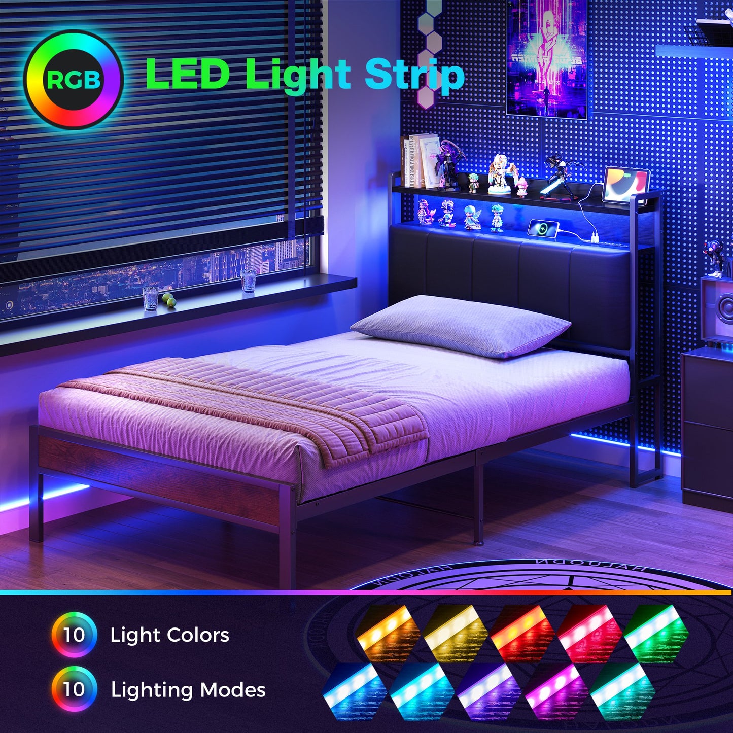 Bed Frame Twin Size with Storage Headboard, Upholstered Platform Bed with Charging Station and LED Light, Heavy Duty Frame Support, No Box Spring Needed, Noise Free, Black