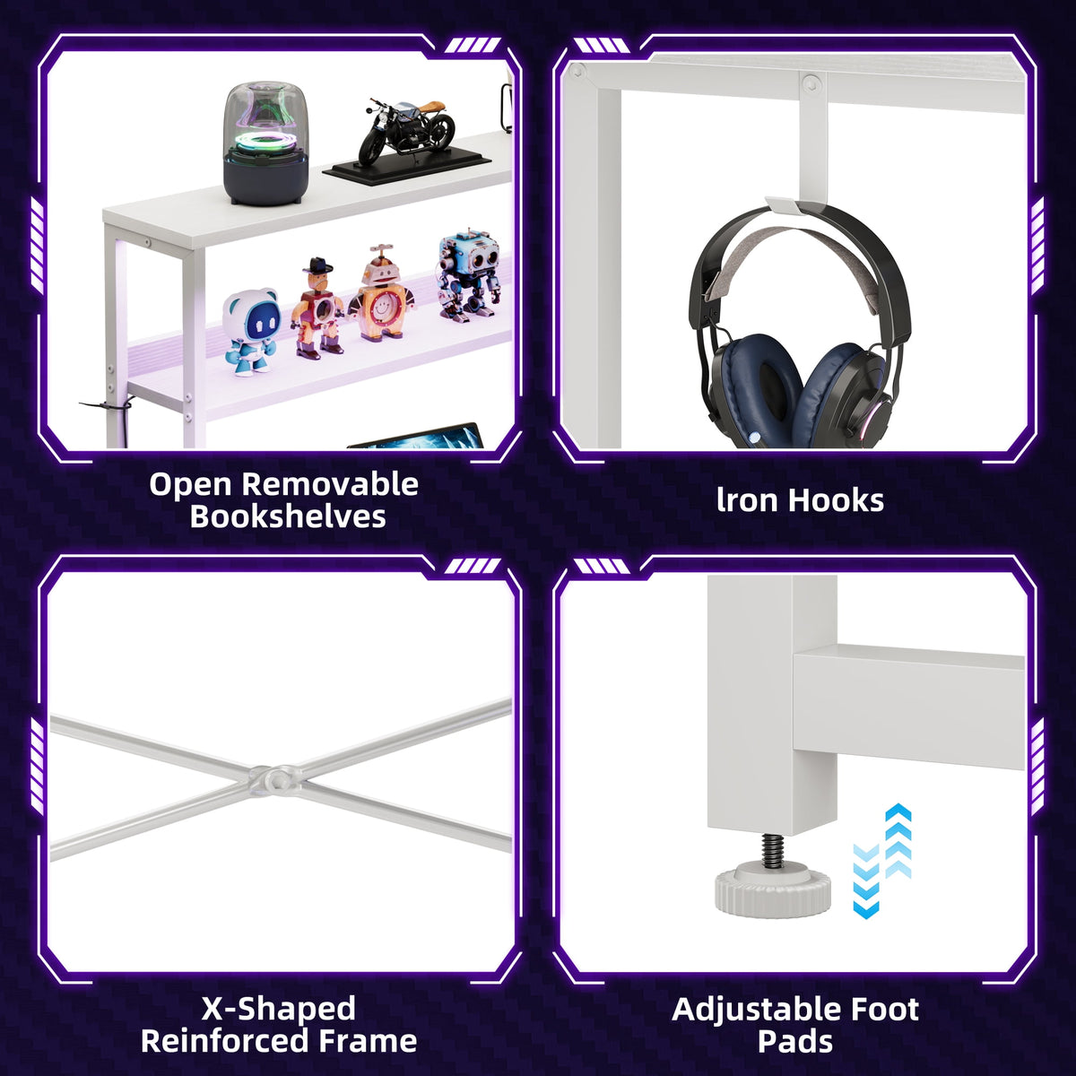 Casacomoda L Shaped Gaming desk, 53 Inch Computer Desk with Shelves, Reversible Display Shelf Gaming Desk with Led Light & Charging Station, White