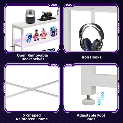 Casacomoda L Shaped Gaming desk, 53 Inch Computer Desk with Shelves, Reversible Display Shelf Gaming Desk with Led Light & Charging Station, White