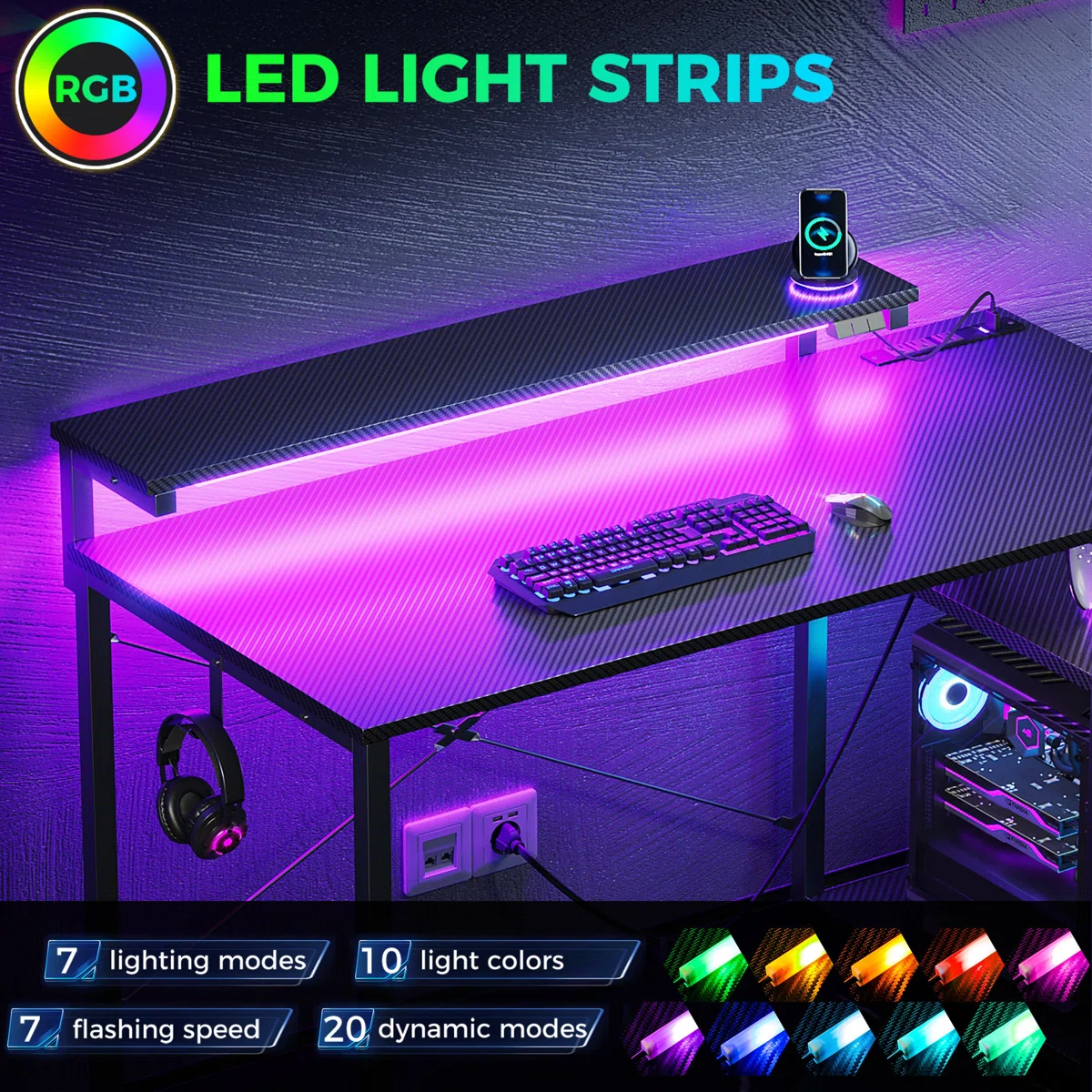 40-Inch Gaming Desk with LED Light & Power Outlets, Home Office Desk with Storage Shelf, Computer Desk with Monitor Stand, Black
