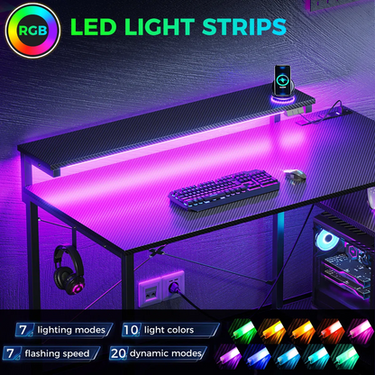 40-Inch Gaming Desk with LED Light & Power Outlets, Home Office Desk with Storage Shelf, Computer Desk with Monitor Stand, Black