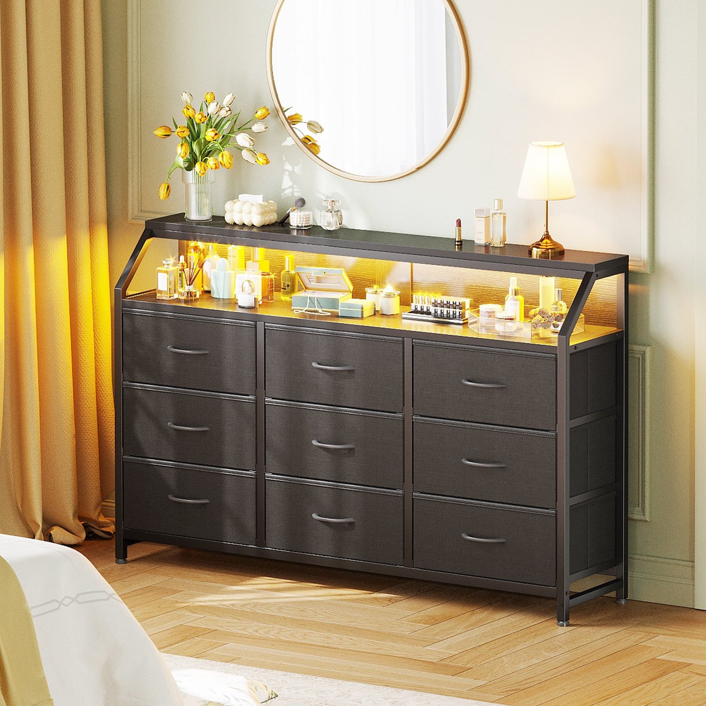 Casacomoda 55 inch Dresser with LED Lights, Dresser for Bedroom with 9 Storage Drawers, Black