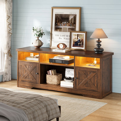Farmhouse LED TV Stand for 65 Inch TV, Entertainment Center with Power Outlet, Media Console with Storage Cabinets and Shelves, Pure Walnut