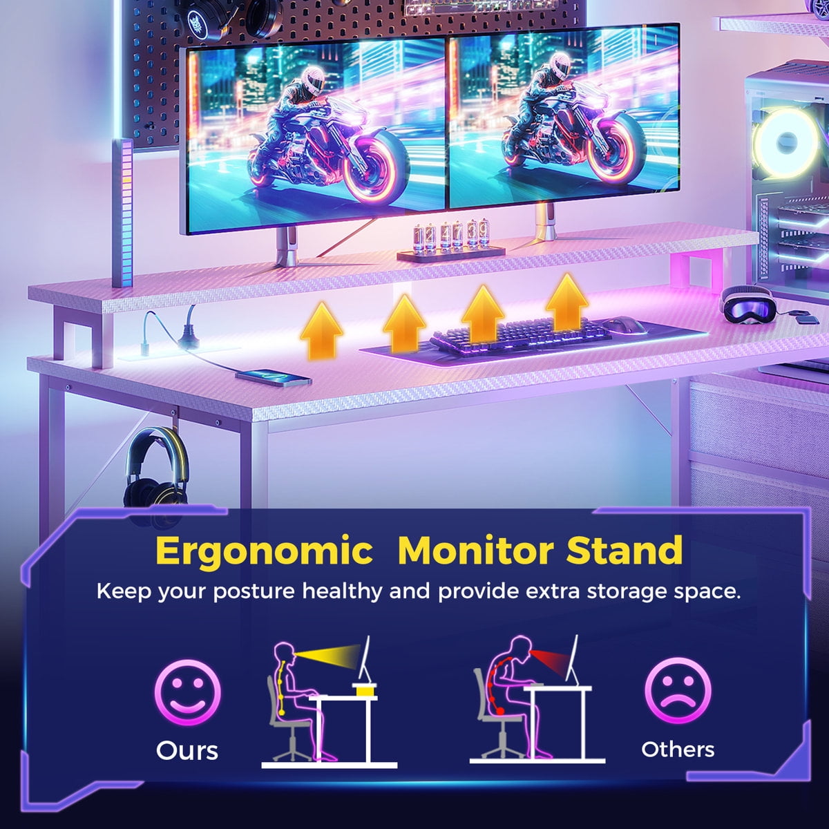 59" Gaming Desk with RGB LED Lights & Monitor Stand, Computer Desk with CPU Stand & Power Outlet, Home Office Desk with Storage Drawers, Pink