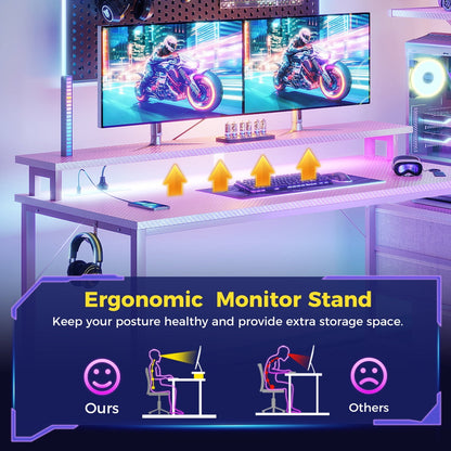 59" Gaming Desk with RGB LED Lights & Monitor Stand, Computer Desk with CPU Stand & Power Outlet, Home Office Desk with Storage Drawers, Pink