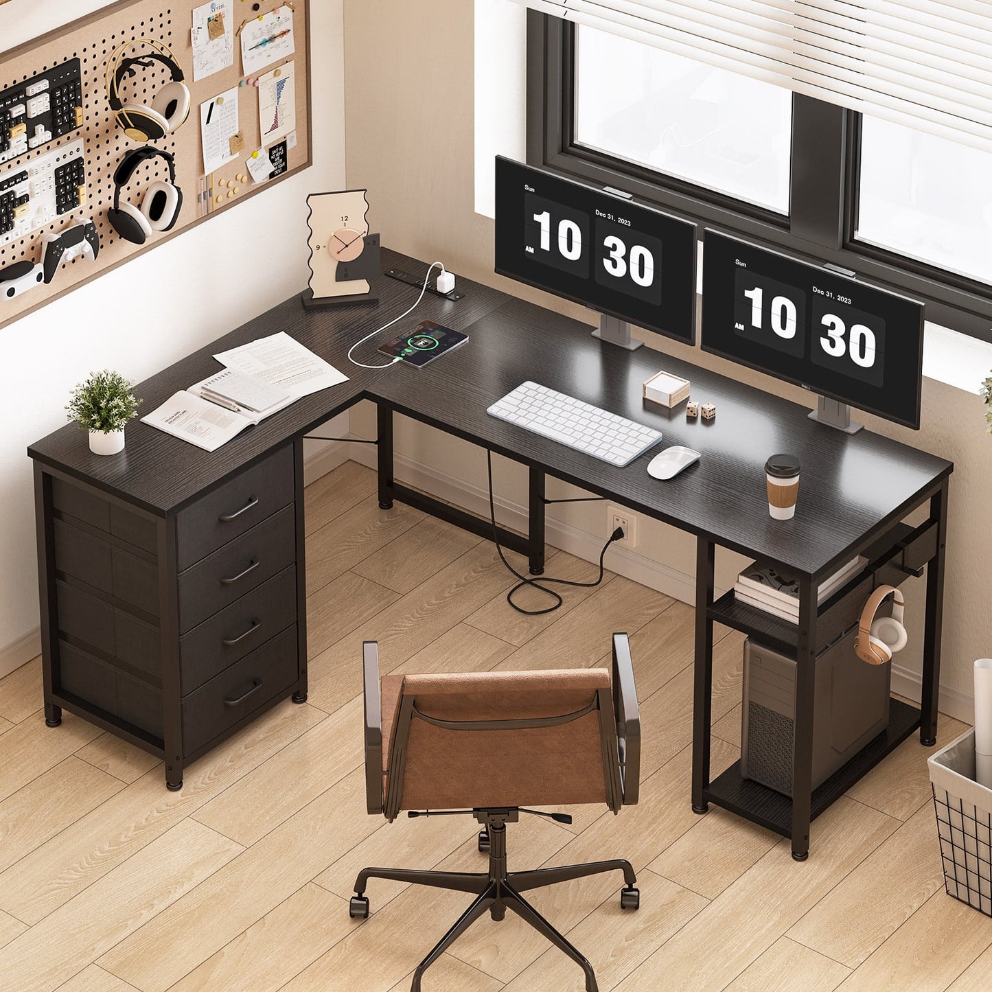 Reversible Modern Simple Style L Shaped Desk with Charging Station and Drawers, Pure Black
