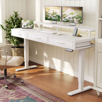 Casacomoda 63” Electric Standing Desk with Power Outlets and LED Lights, Adjustable Height Sit Stand Desk with Monitor Shelf & 3 Fabric Drawers for Home Office, White