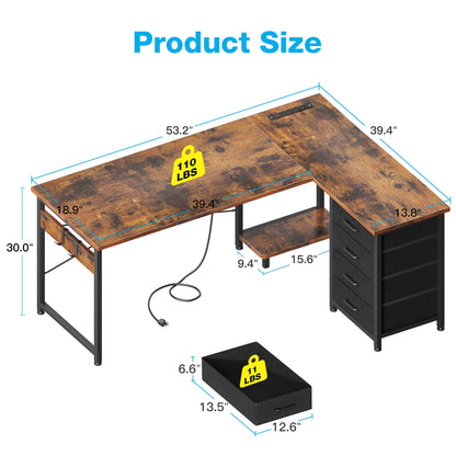 Casacomoda 53″ L-Shaped Desk with Power Outlets & USB, 4 Drawers and Hooks, Reversible Corner Computer Desk for Home Office or Gaming