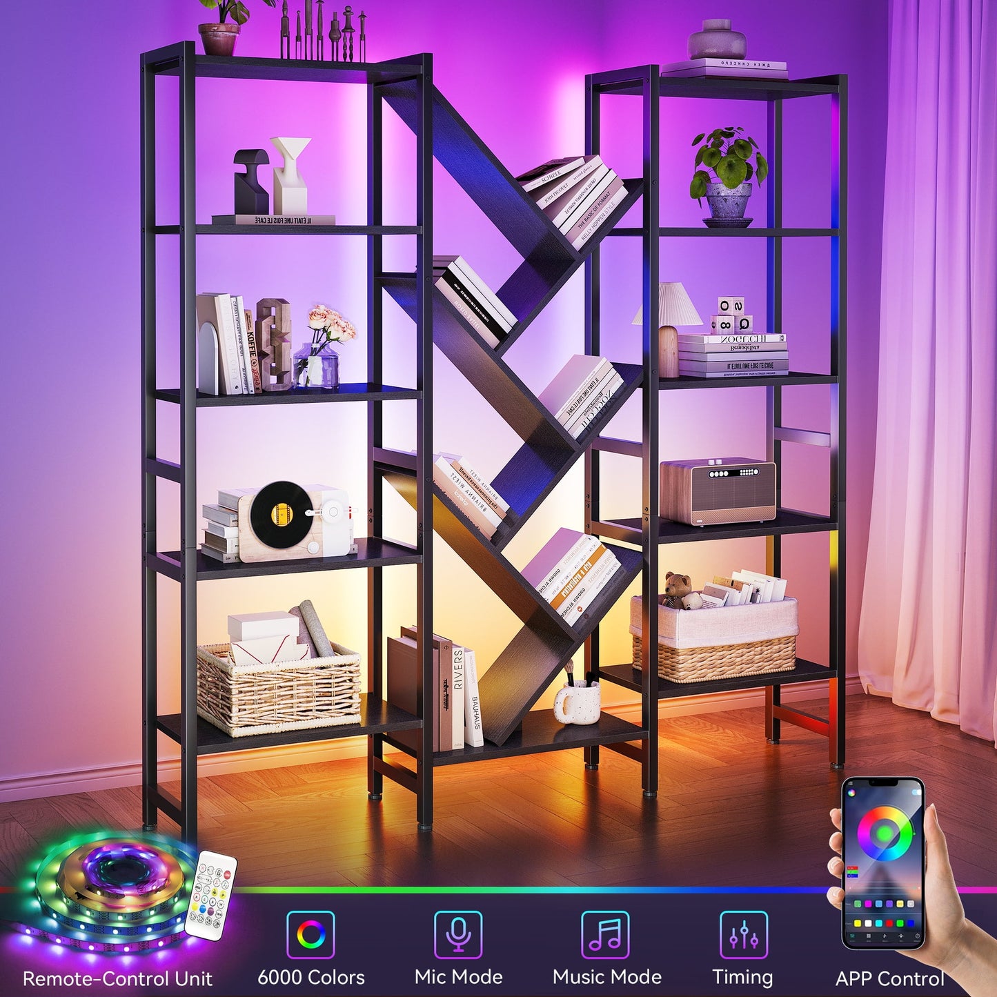 Triple 5-Tier Bookshelf with LED Lights for Living Room, 17 Open Shelves Large Bookcase with App Control RGB Light Strip, Modern Tree Design Storage Shelf with Metal Frame, Black