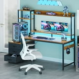 Casacomoda 55 inch Gaming Desk with LED Lights & Power Outlets, Home Office Desk with Reversible Storage Drawers & Monitor Shelves,Vintage