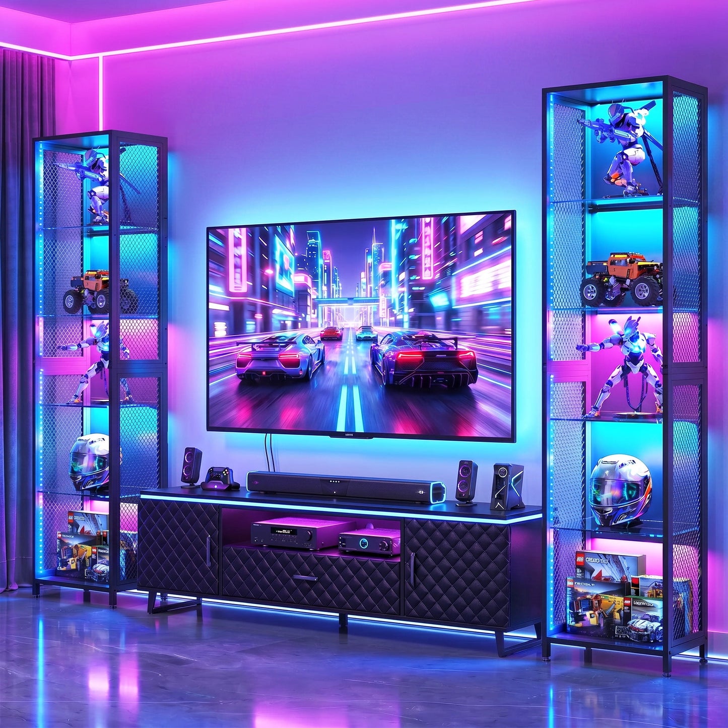 Casacomoda 5-Tier LED Display Cabinet, Gaming Glass Shelf Curio Cabinet with RGB Lights, Open Glass Corner Storage Shelf for Collectibles, Figures, Gaming Room & Living Room, Black