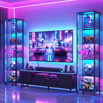 Casacomoda 5-Tier LED Display Cabinet, Gaming Glass Shelf Curio Cabinet with RGB Lights, Open Glass Corner Storage Shelf for Collectibles, Figures, Gaming Room & Living Room, Black
