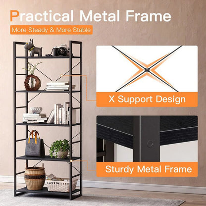 Ladder Bookshelf, 5 Tier Shelf Storage Organizer, Modern Book Shelf with Metal Frame for Bedroom, Living Room and Home Office, Black