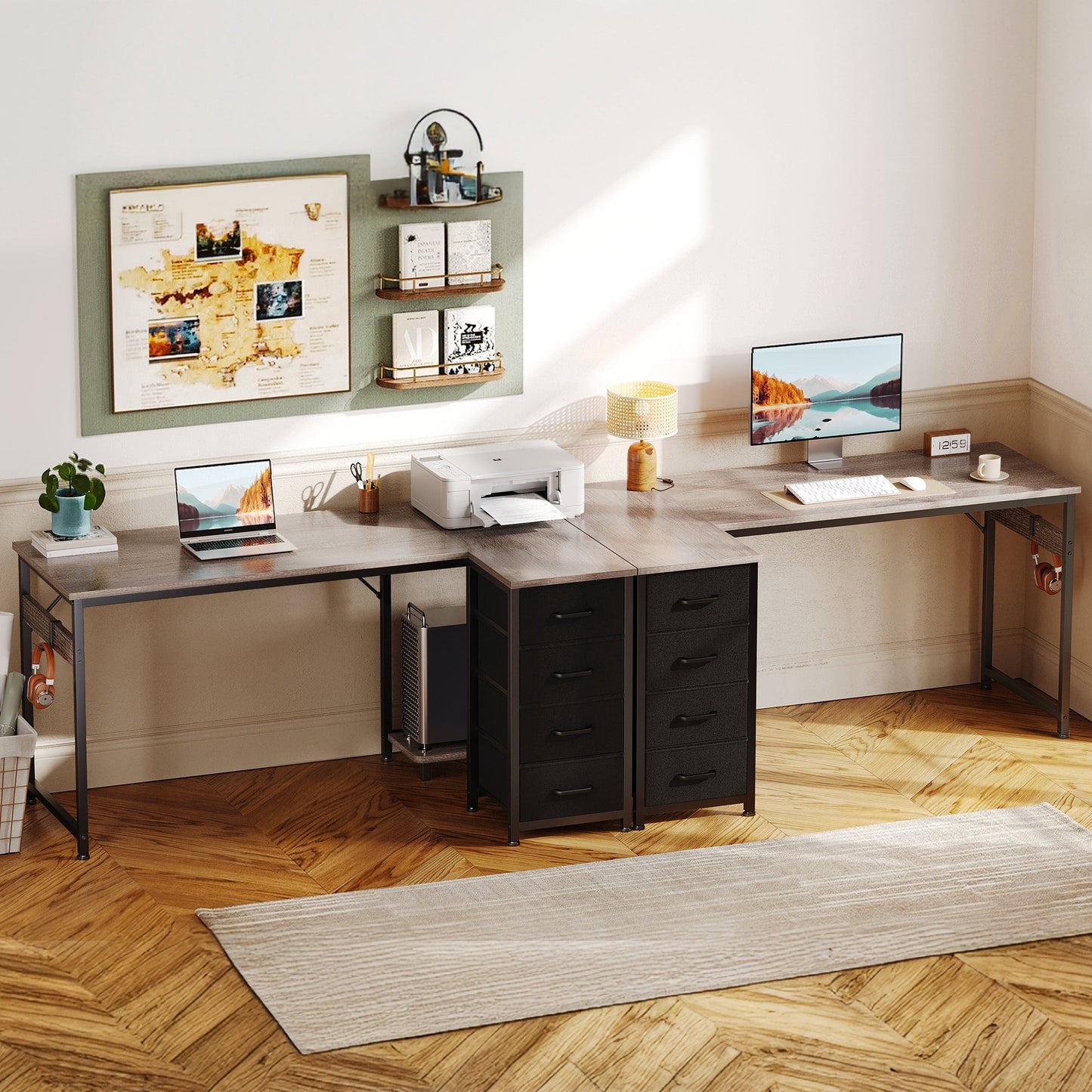 48 inch Computer Desk with 4 Fabric Drawers — Home Office Desks with Storage, Writing Desk with Side Hook, Desk Study/Work Table for Bedroom and Small Space, Oak Grey