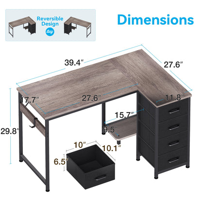 40 inch Computer Desk with 4 Fabric Drawers — Home Office Desks with Storage, Writing Desk with Side Hook, Desk Study/Work Table for Bedroom and Small Space, Oak Grey
