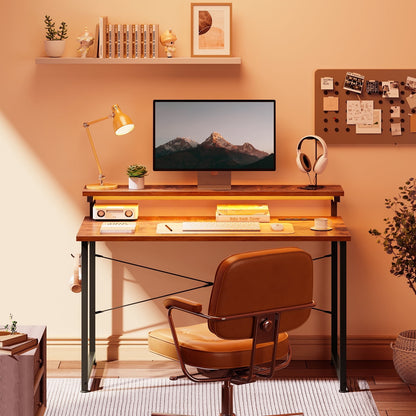 Casacomoda 48 inch Computer Desk with Monitor Stand, Home Office Desk with Charging Station & LED Light, Simple Modern Style Laptop Desk for Small Space, Vintage