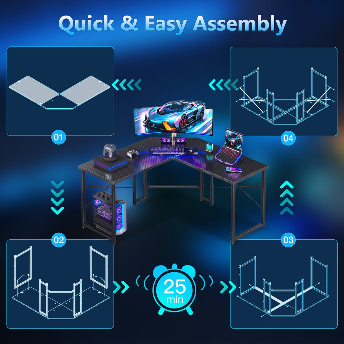 Casacomoda Computer Desk L Shaped, 51 Inch Reversible L Shaped Desk, Gaming Desk, Corner Desk, Gaming Table, Carbon Fiber Black