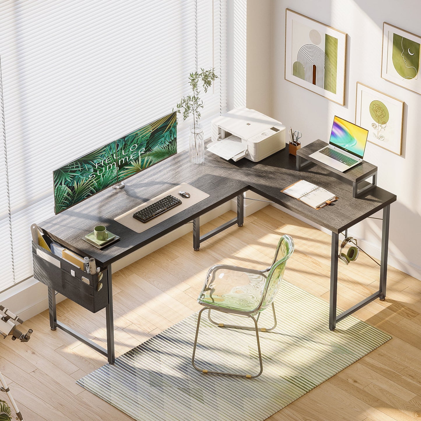 Casacomoda 57“ L Shaped Desk, Gaming Desk with Headphone Hook, Computer Desk for Bedroom, Grey Oak