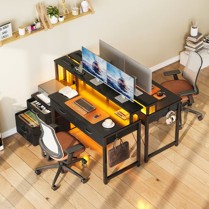 Computer Desk with 4 Drawers, 48 Inch Reversible Desk with Led Lights & Power Outlet, Home Office Desk with File Drawer & Monitor Stand, Black