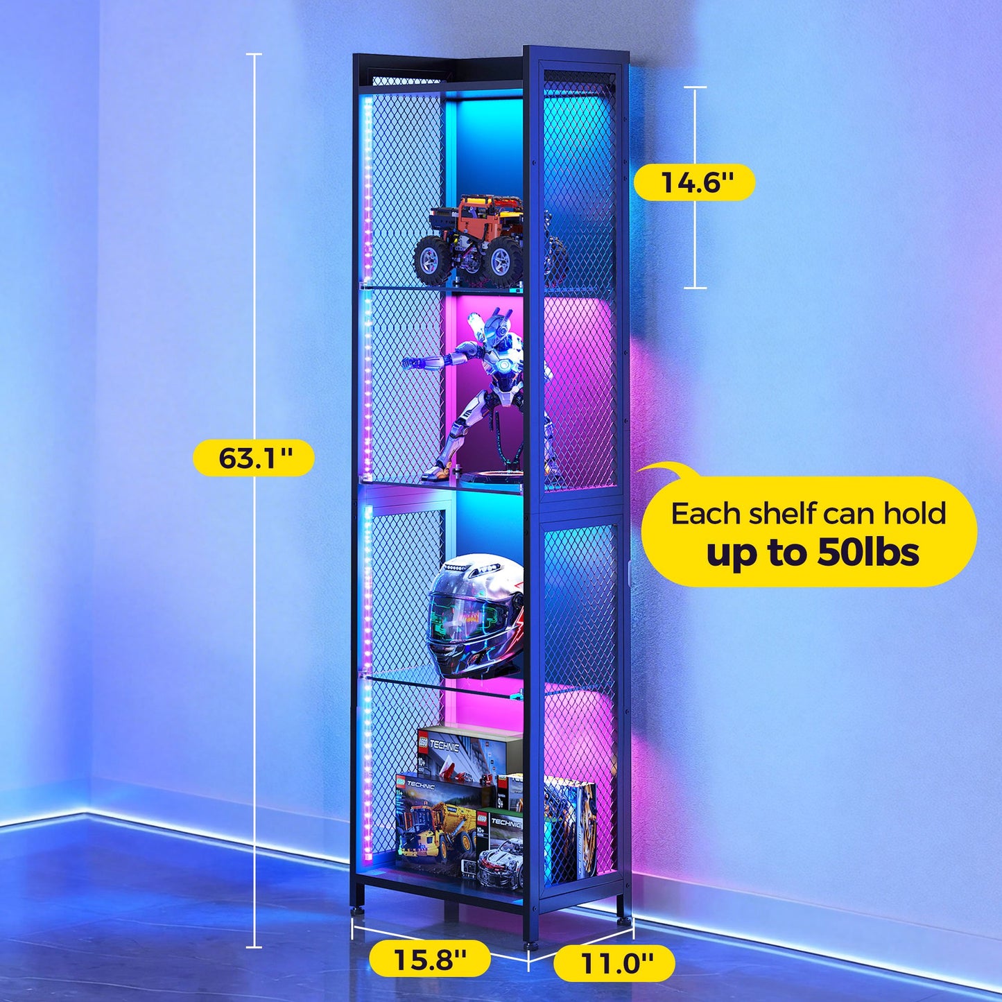 Casacomoda 4-Tier LED Display Cabinet, Gaming Glass Shelf Curio Cabinet with RGB Lights, Open Glass Corner Storage Shelf for Collectibles, Figures, Gaming Room & Living Room, Black