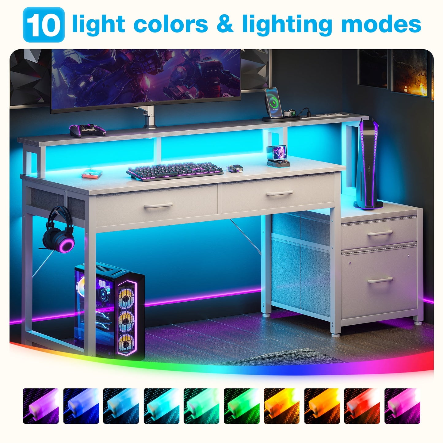 Computer Desk with 4 Drawers, 55 Inch Reversible Desk with Led Lights & Power Outlet, Home Office Desk with File Drawer & Monitor Stand, White