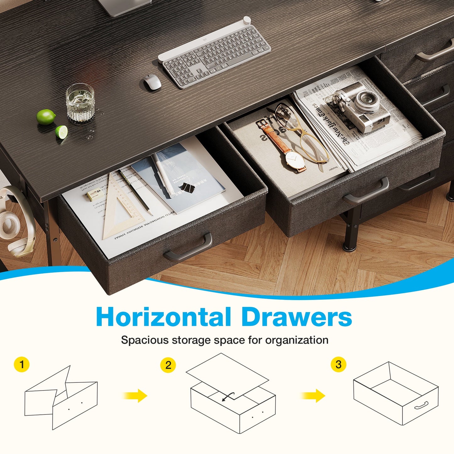 Casacomoda 48" Home Office Desk with 6 Drawers, Modern Computer Desk with Small Space, Corner Computer Desk, Black