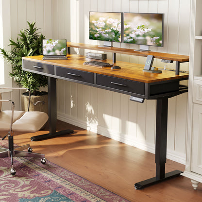 Casacomoda 63“ Electric Standing Desk with Power Outlets and LED Lights, Adjustable Height Sit Stand Desk with Monitor Shelf & 3 Fabric Drawers for Home Office, Vintage
