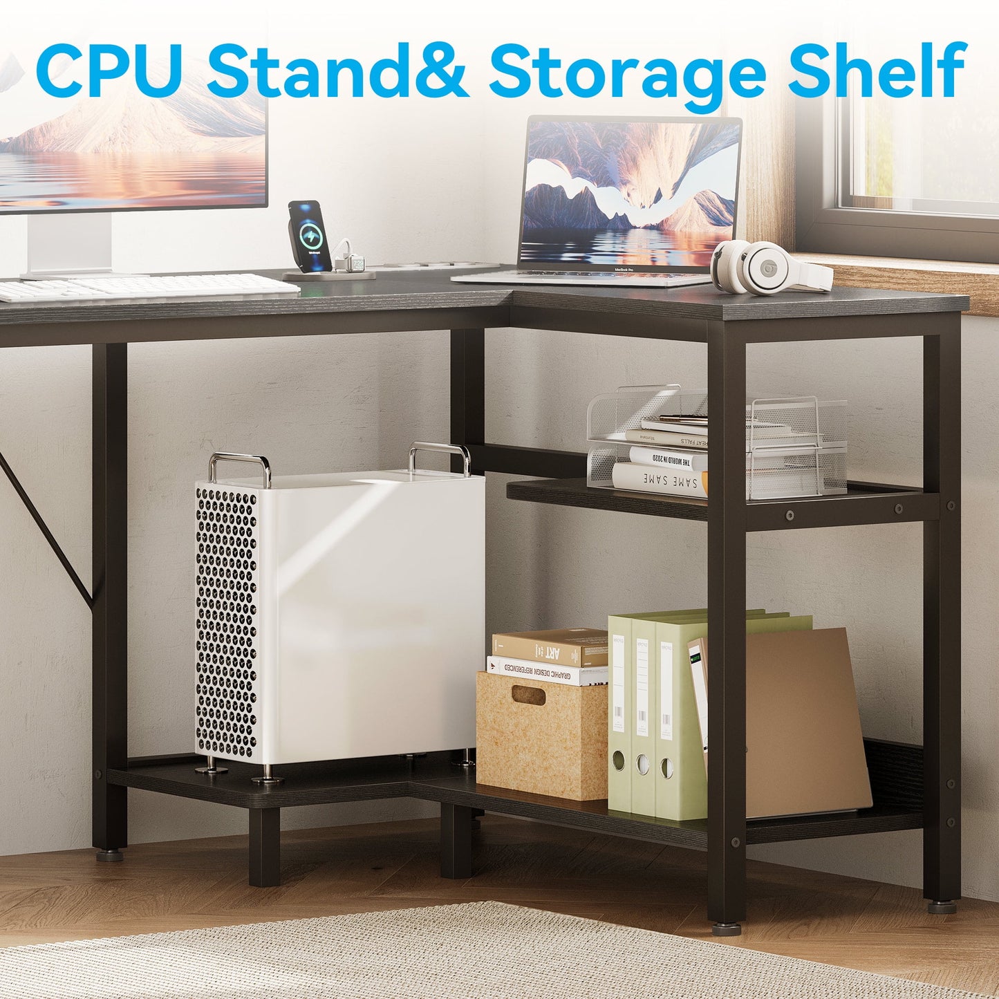 63" Office Desk with Power Outlets & CPU Holder, L-Shaped Corner Desk with File Cabinet, Storage Shelf & 2 Drawers for Large Spaces, Black