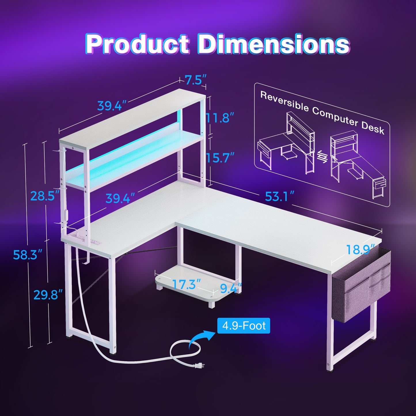 Casacomoda 53 Inch L Shaped Desk with LED Light & Power Outlet, Reversible L Shaped Computer Table with Shelf & Storage Bag & Hook for Home Office, White
