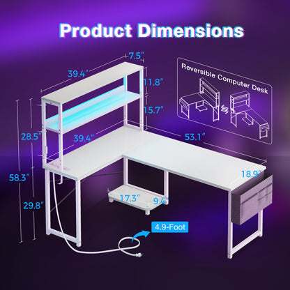 Casacomoda 53 Inch L Shaped Desk with LED Light & Power Outlet, Reversible L Shaped Computer Table with Shelf & Storage Bag & Hook for Home Office, White