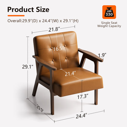 Casacomoda PU Leather Accent Chair Mid Century Comfy Cozy Chair with Solid Wood Legs, Modern Arm Reading Chair with Button Tufted Back for Living Room Bedroom, Brown