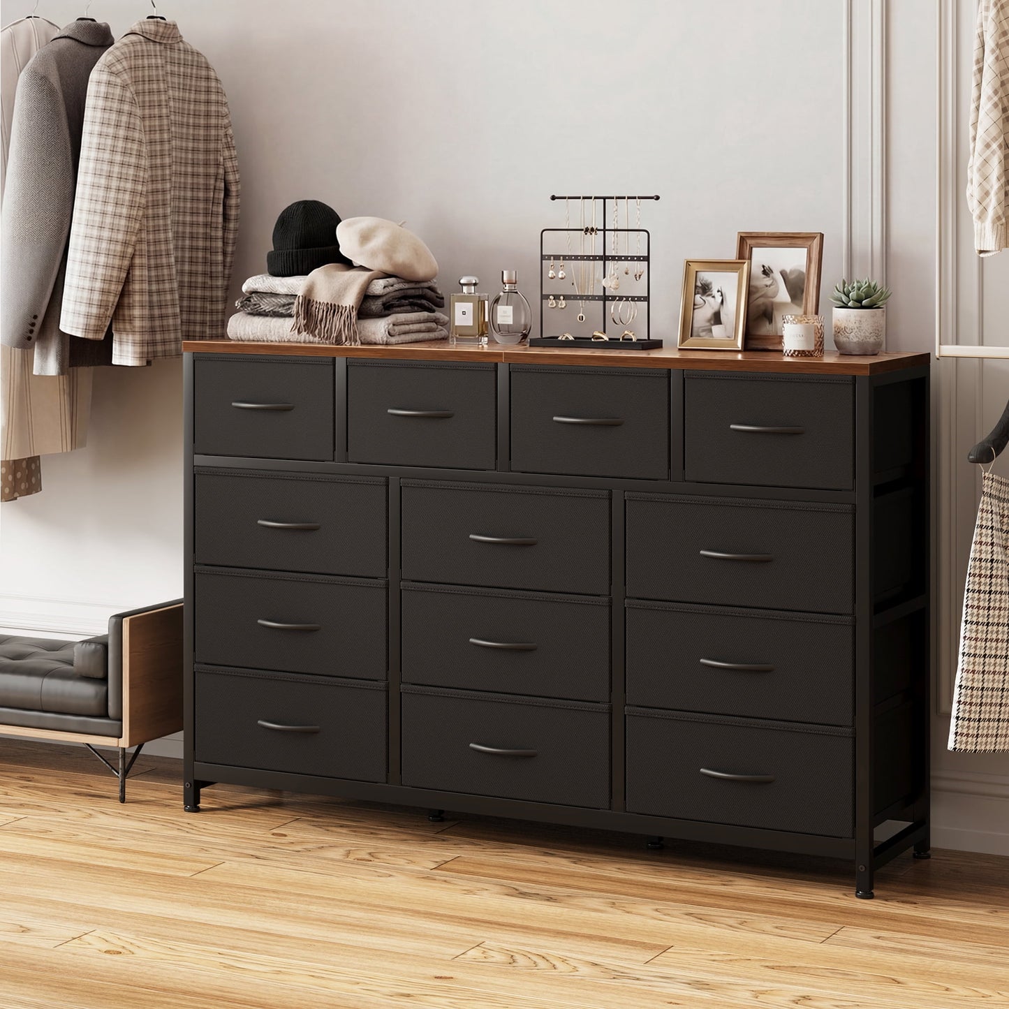 Casacomoda 55-Inch Wood Dresser with 13 Storage Drawers, Large Bedroom Dresser and TV Stand, Black and Vintage