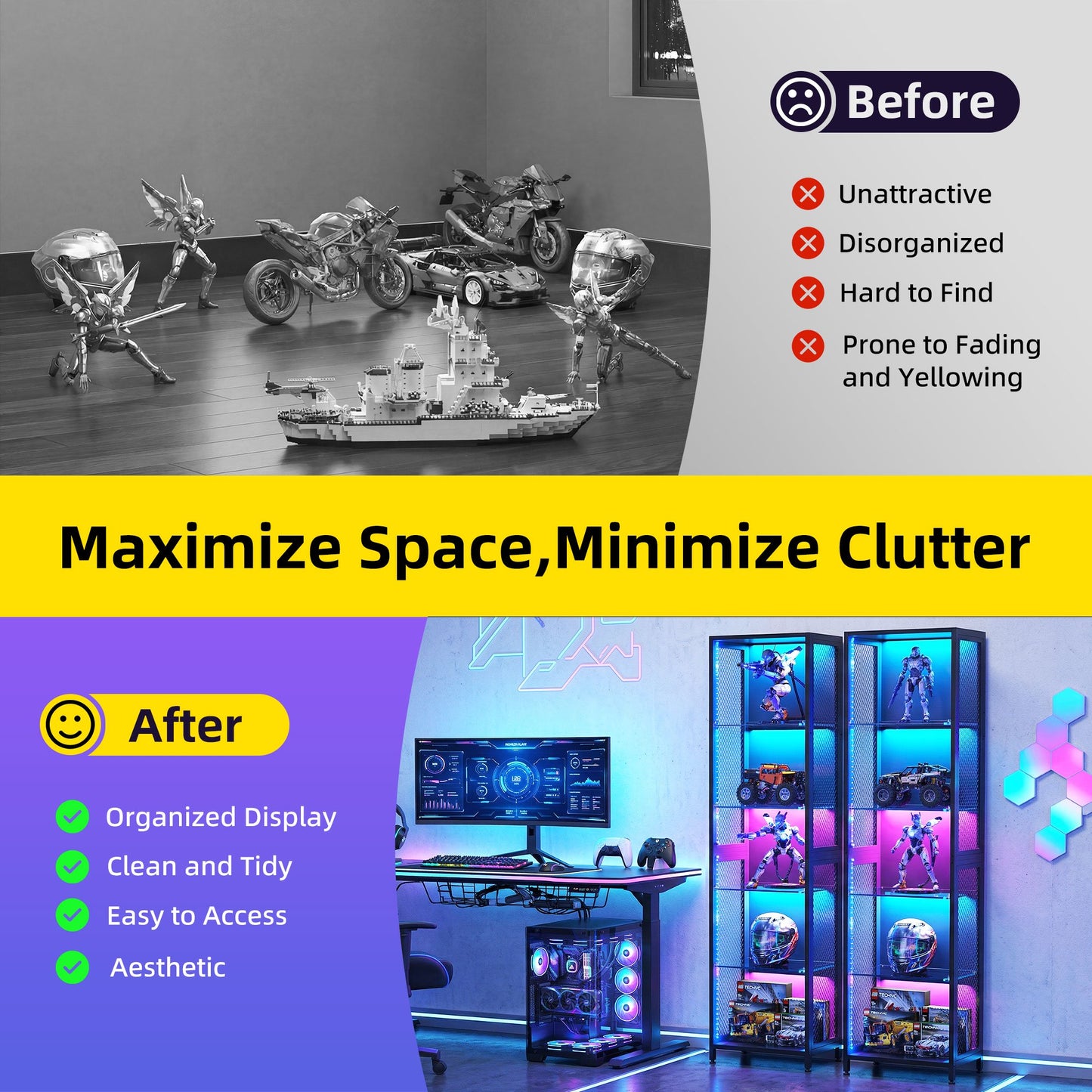Casacomoda 5-Tier LED Display Cabinet, Gaming Glass Shelf Curio Cabinet with RGB Lights, Open Glass Corner Storage Shelf for Collectibles, Figures, Gaming Room & Living Room, Black